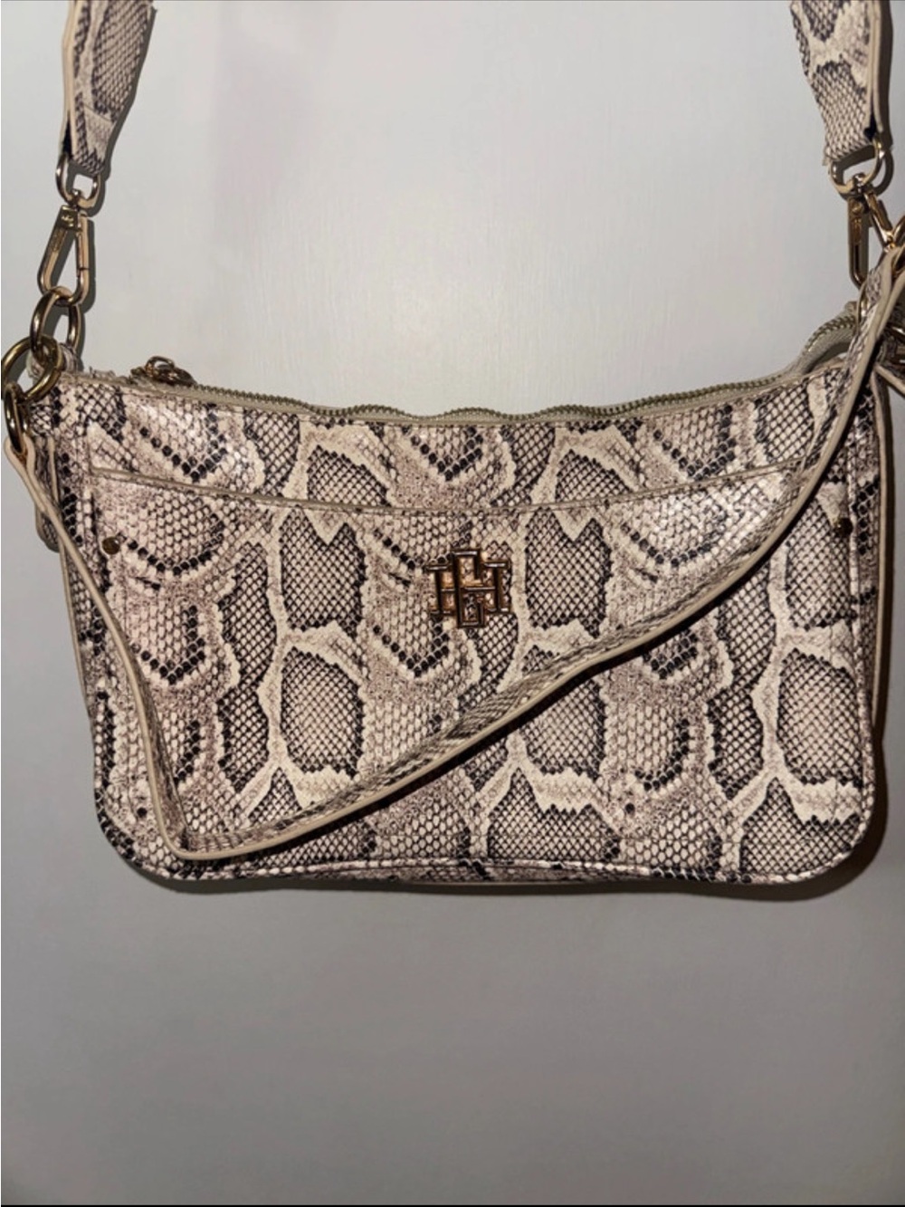Python-Print Shoulder Bag in Cream and Black with Gold Hardware